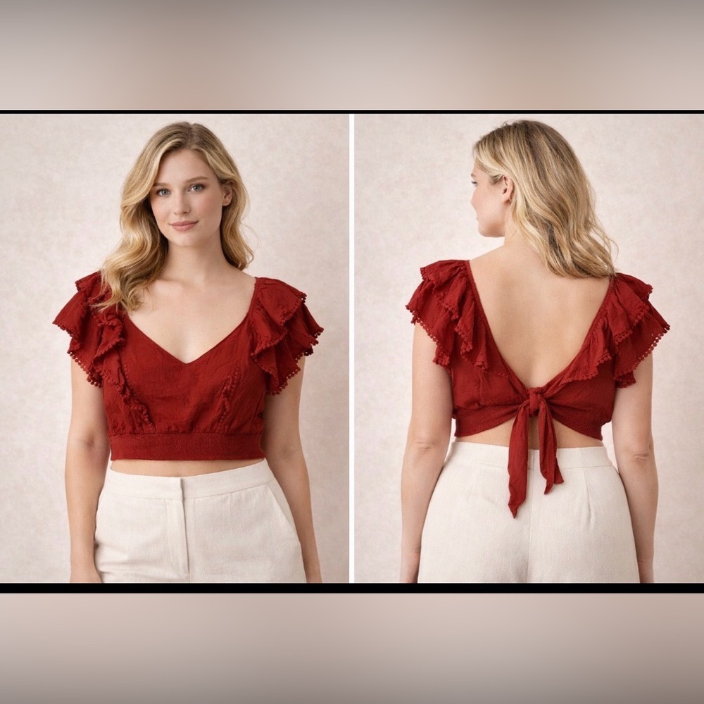 Express - Deep Rust Red - Ruffled Crop Top